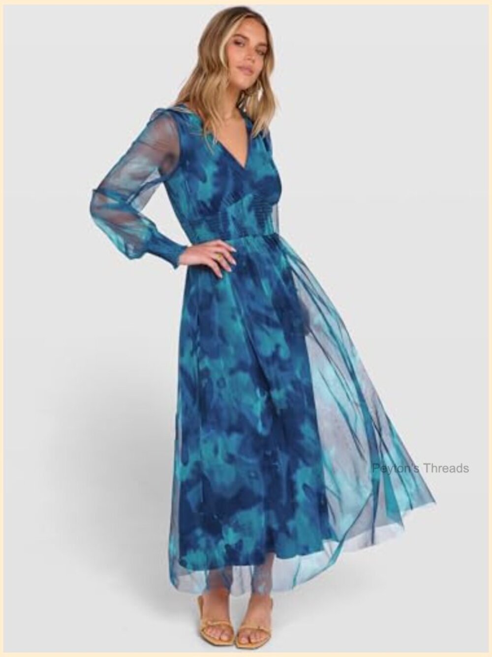 Floral Maxi Dress V Neck Puff Long Sleeve Flowy Casual Wedding Guest Tulle Dress - Picture 5 of 7